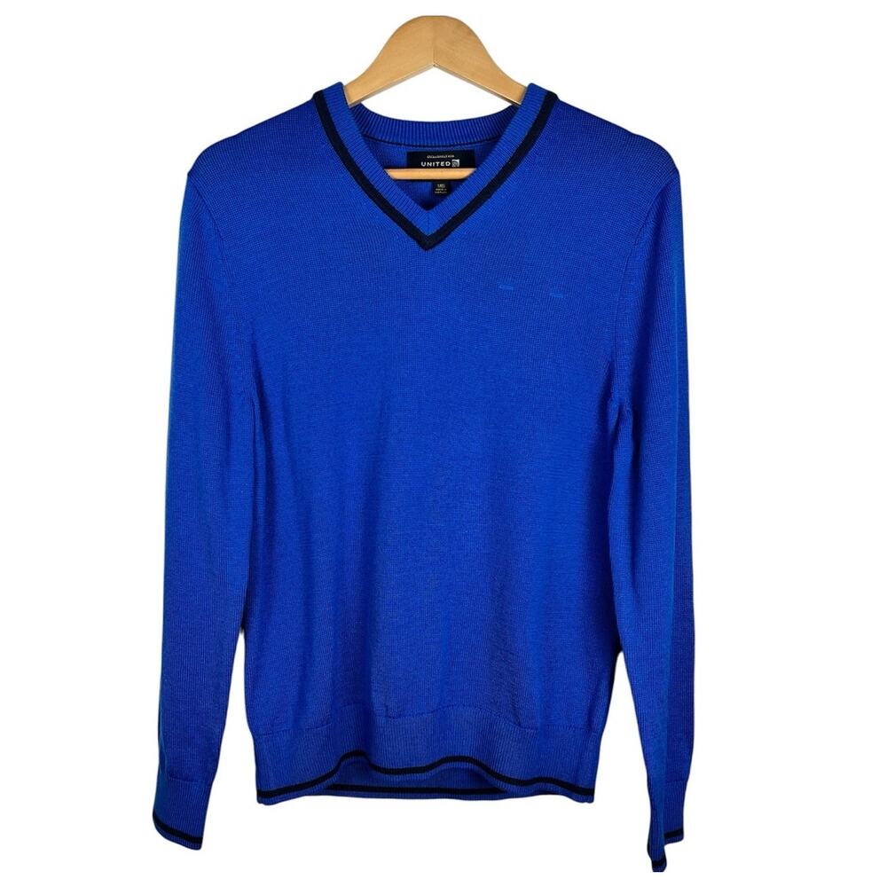 United Airlines Mens Brooks Brothers Blue Merino Wool V Neck Sweater Small
